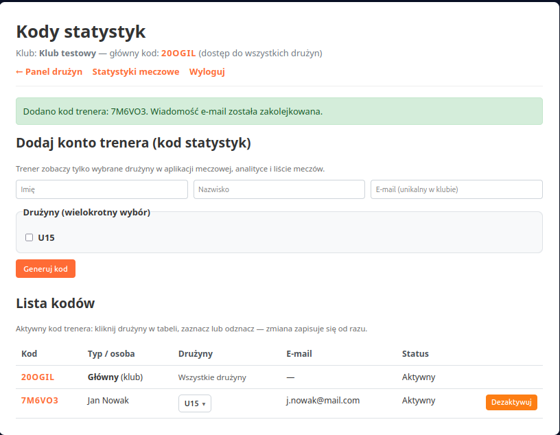 Zarządzanie dostępem dla statystyków/trenerów