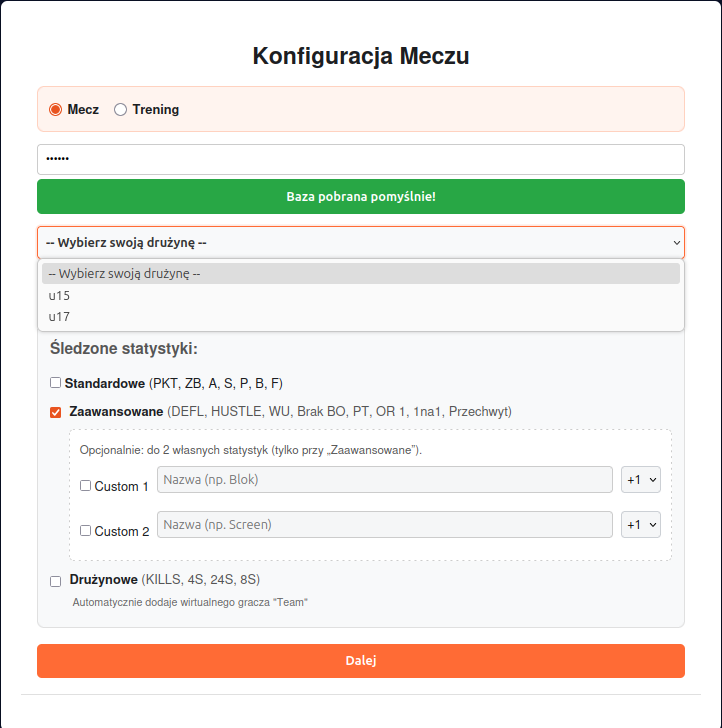 Ekran startowy aplikacji meczowej